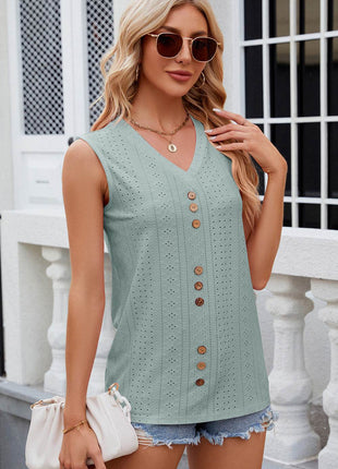 Decorative Button Eyelet V-Neck Tank - MimiStylez