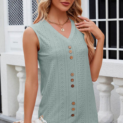 Decorative Button Eyelet V-Neck Tank - MimiStylez