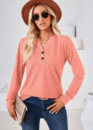 V-Neck Buttoned Long Sleeve Blouse - MimiStylez