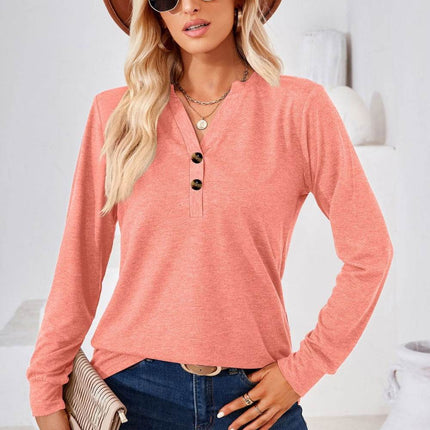 V-Neck Buttoned Long Sleeve Blouse - MimiStylez