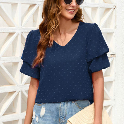 Swiss Dot V-Neck Short Sleeve Blouse - MimiStylez