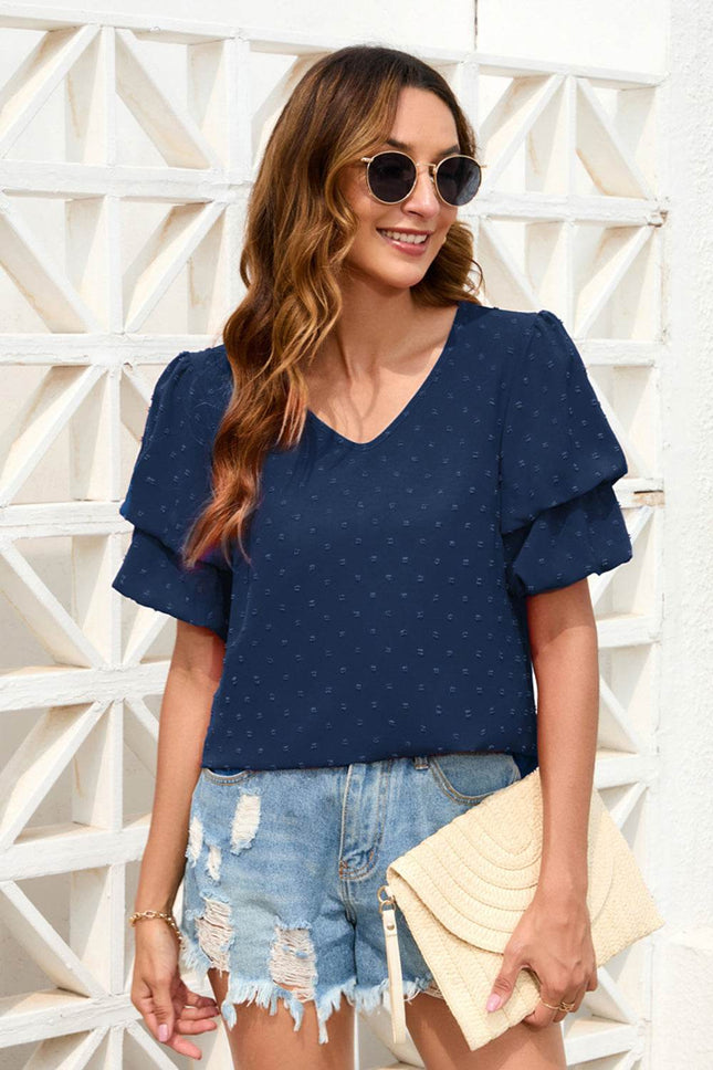 Swiss Dot V-Neck Short Sleeve Blouse - MimiStylez