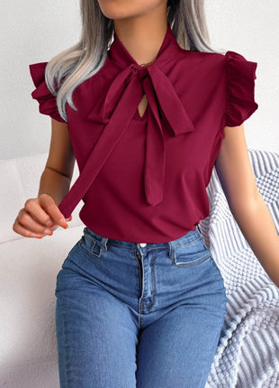 Tie Neck Cap Sleeve Blouse - MimiStylez
