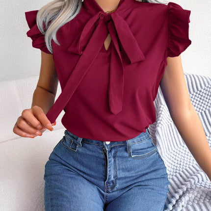 Tie Neck Cap Sleeve Blouse - MimiStylez