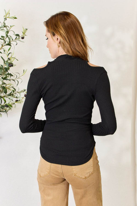 Culture Code Full Size Ribbed Surplice Cold Shoulder Top - MimiStylez