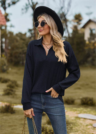 Collared Neck Cable-Knit Long Sleeve Blouse - MimiStylez
