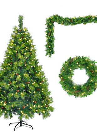 6FT Pre Lit Pine Christmas Tree With Pine Cones, Includes Pre Lit Garland and Wreath - 3PC Set