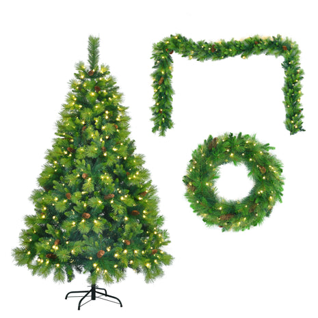 6FT Pre Lit Pine Christmas Tree With Pine Cones, Includes Pre Lit Garland and Wreath - 3PC Set