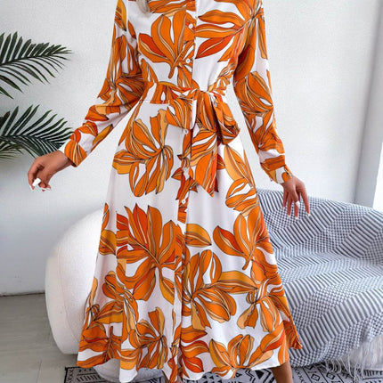 Tied Button Up Long Sleeve Dress - MimiStylez