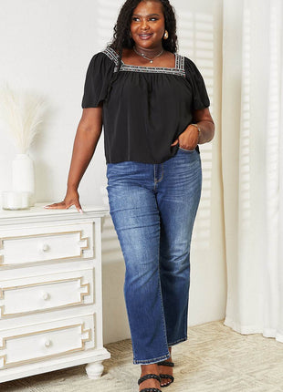 Contrast Square Neck Puff Sleeve Blouse - MimiStylez