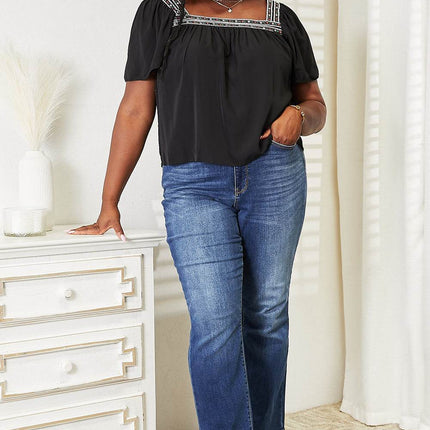 Contrast Square Neck Puff Sleeve Blouse - MimiStylez