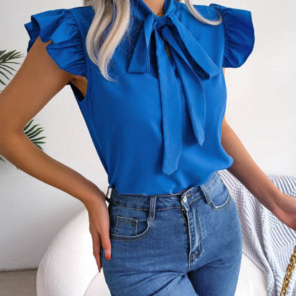 Tie Neck Cap Sleeve Blouse - MimiStylez