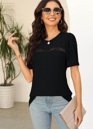 Eyelet Round Neck Short Sleeve T-Shirt - MimiStylez