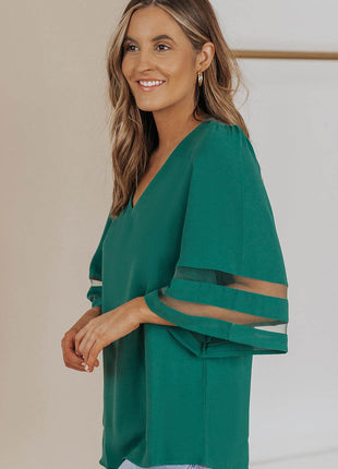 Sheer Striped Flare Sleeve V-Neck Blouse - MimiStylez