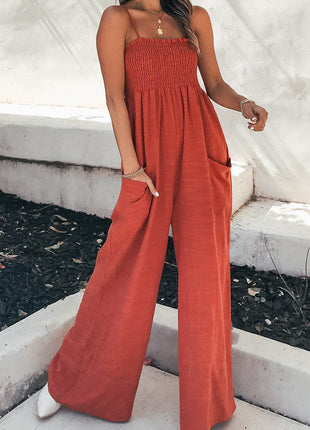 Smocked Spaghetti Strap Wide Leg Jumpsuit - MimiStylez