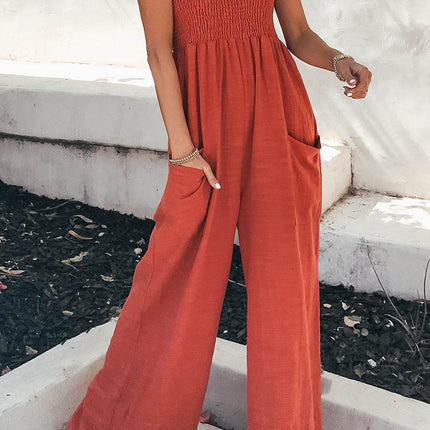Smocked Spaghetti Strap Wide Leg Jumpsuit - MimiStylez