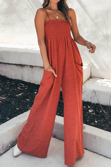 Smocked Spaghetti Strap Wide Leg Jumpsuit - MimiStylez