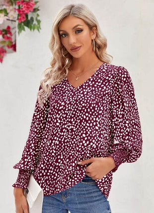 Printed V-Neck Lantern Sleeve Blouse - MimiStylez