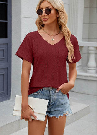 Eyelet V-Neck Short Sleeve T-Shirt - MimiStylez