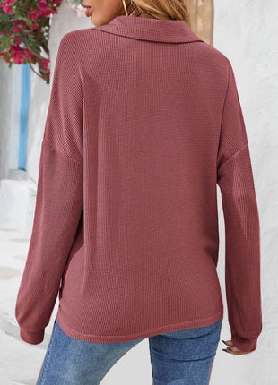 Half Button Collared Neck Long Sleeve Top - MimiStylez