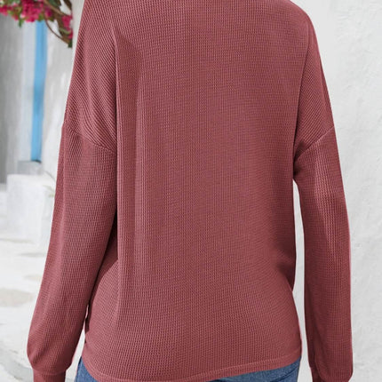 Half Button Collared Neck Long Sleeve Top - MimiStylez