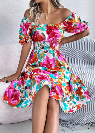 Ruffled Hem Smocked Floral Short Sleeve Midi Dress - MimiStylez