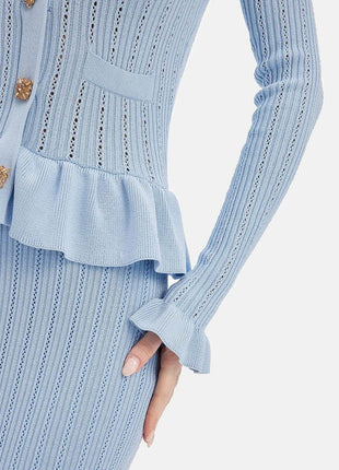 Ruffled V-Neck Top and Midi Skirt Sweater Set - MimiStylez