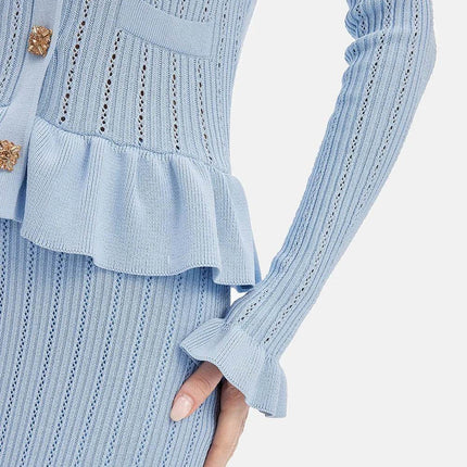 Ruffled V-Neck Top and Midi Skirt Sweater Set - MimiStylez
