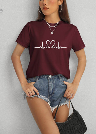 Heart Round Neck Short Sleeve T-Shirt - MimiStylez