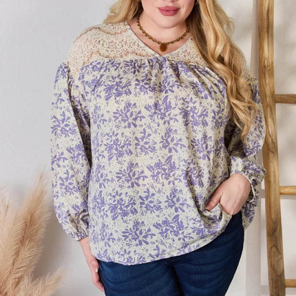 Hailey & Co Full Size Lace Detail Printed Blouse - MimiStylez