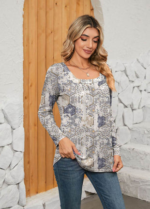 Printed Square Neck Long Sleeve Blouse - MimiStylez