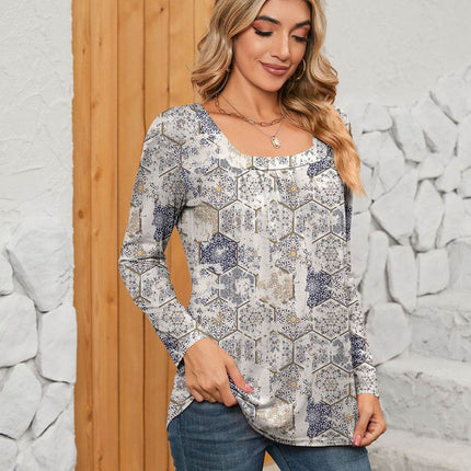 Printed Square Neck Long Sleeve Blouse - MimiStylez