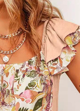 Ruffled Floral Square Neck Cap Sleeve Blouse - MimiStylez