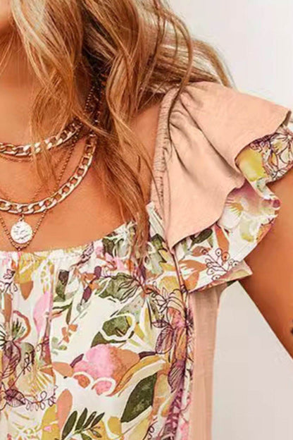 Ruffled Floral Square Neck Cap Sleeve Blouse - MimiStylez