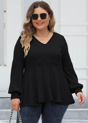 Plus Size Ribbed V-Neck Long Sleeve Blouse - MimiStylez