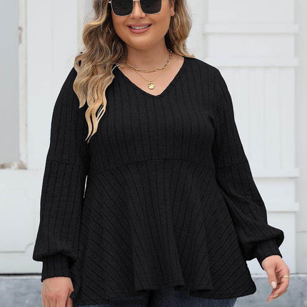 Plus Size Ribbed V-Neck Long Sleeve Blouse - MimiStylez