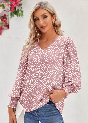 Printed V-Neck Lantern Sleeve Blouse - MimiStylez