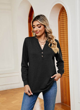 Buttoned Notched Neck Long Sleeve Top - MimiStylez