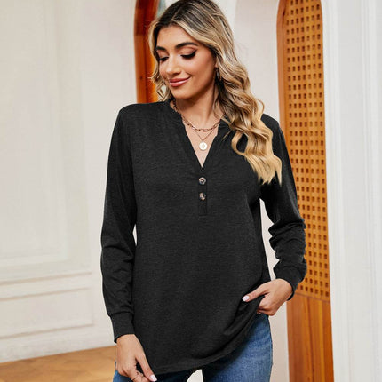 Buttoned Notched Neck Long Sleeve Top - MimiStylez