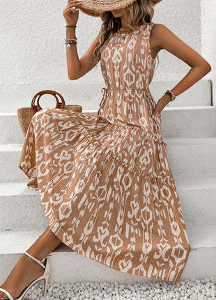 Frill Cutout Printed Round Neck Sleeveless Dress - MimiStylez