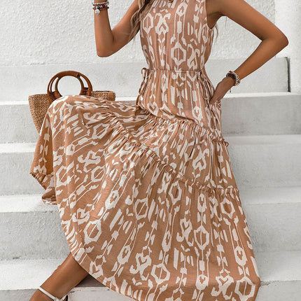 Frill Cutout Printed Round Neck Sleeveless Dress - MimiStylez