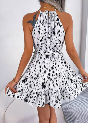 Halter Neck Printed Tie Waist Sleeveless Mini Dress - MimiStylez