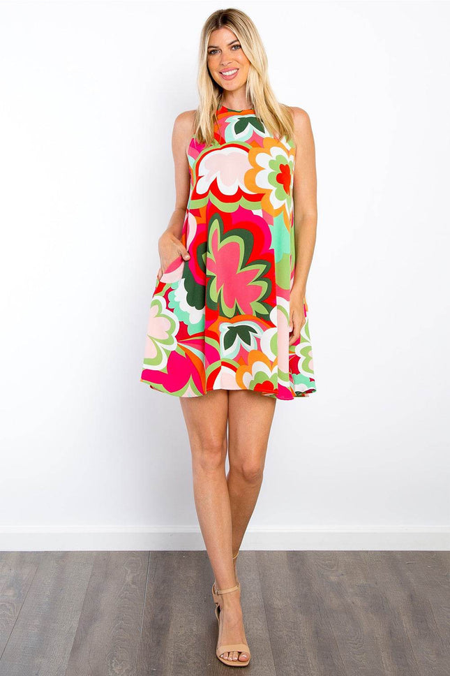 Be Stage Full Size Floral Sleeveless Mini Dress with Pockets - MimiStylez