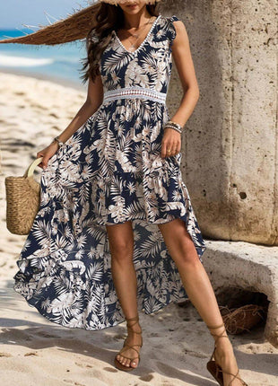 High-Low Printed V-Neck Cap Sleeve Midi Dress - MimiStylez