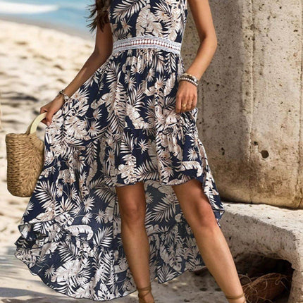 High-Low Printed V-Neck Cap Sleeve Midi Dress - MimiStylez
