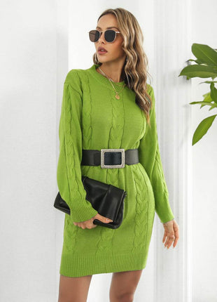 Cable-Knit Round Neck Sweater Dress - MimiStylez