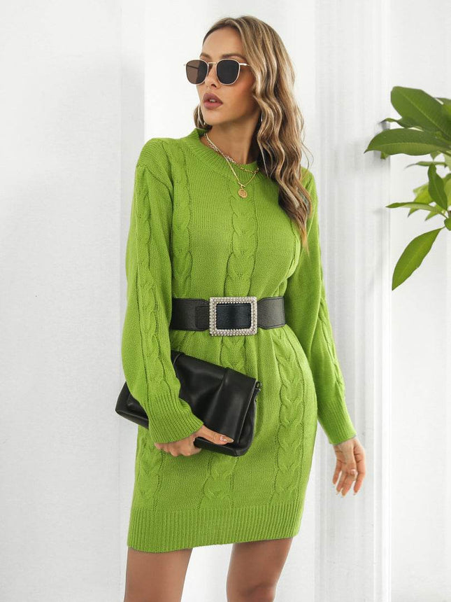 Cable-Knit Round Neck Sweater Dress - MimiStylez