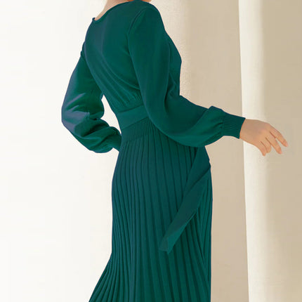 Round Neck Long Sleeve Pleated Sweater Dress - MimiStylez