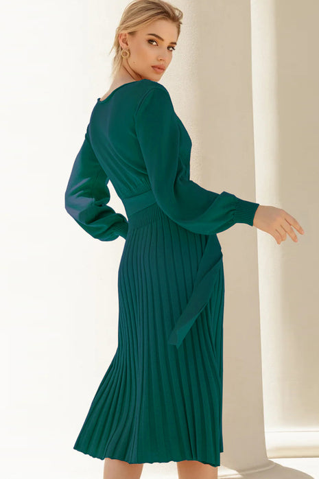 Round Neck Long Sleeve Pleated Sweater Dress - MimiStylez