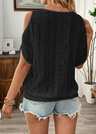 Eyelet Cold Shoulder Round Neck Blouse - MimiStylez